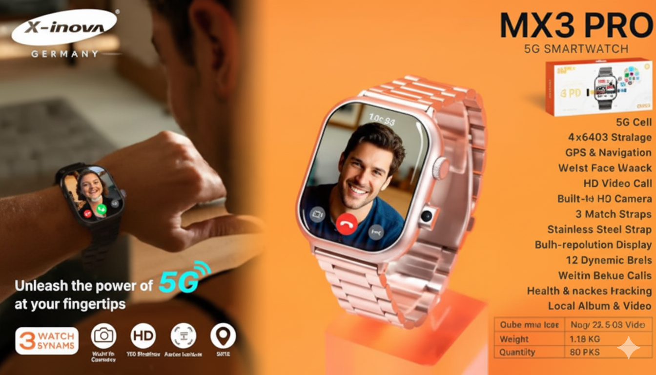X-Inova MX3 Pro 5G Smart Watch Amoled Display 4/64 GB Face Unlock 3 Straps Wifi
