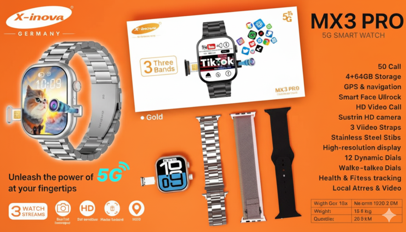 X-Inova MX3 Pro 5G Smart Watch Amoled Display 4/64 GB Face Unlock 3 Straps Wifi